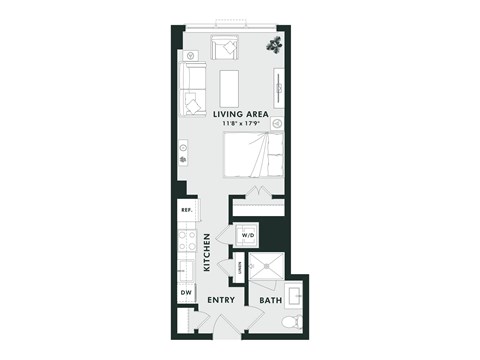 A floor plan of a small apartment with a living area, kitchen, bathroom, and entry.